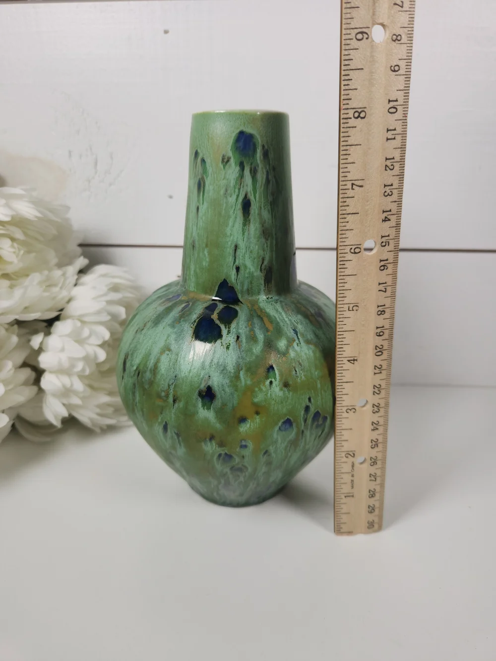 Vintage Peacock Feather Design Pottery Vase | Green & Blue Glazed Art Vase